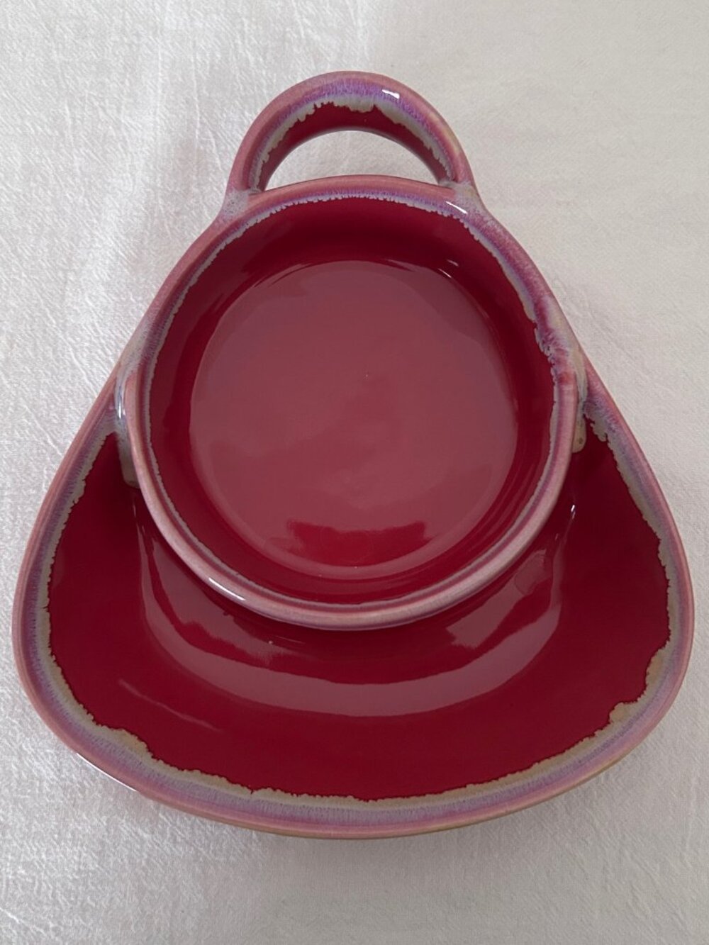 Pottery Soup and Cracker or Chip and Dip Bowl Red Glaze Excellent Condition